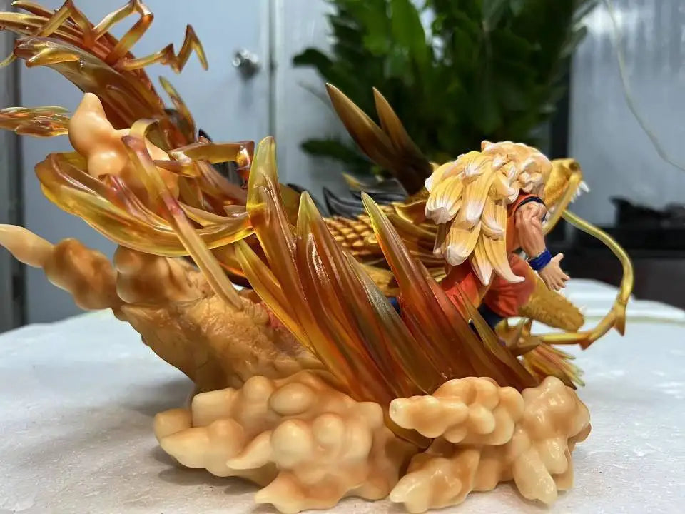 Estátua Dragon Ball - Son Goku Super Saiyan 3 Wrath of the Dragon Shenlong Dourado 28 CM