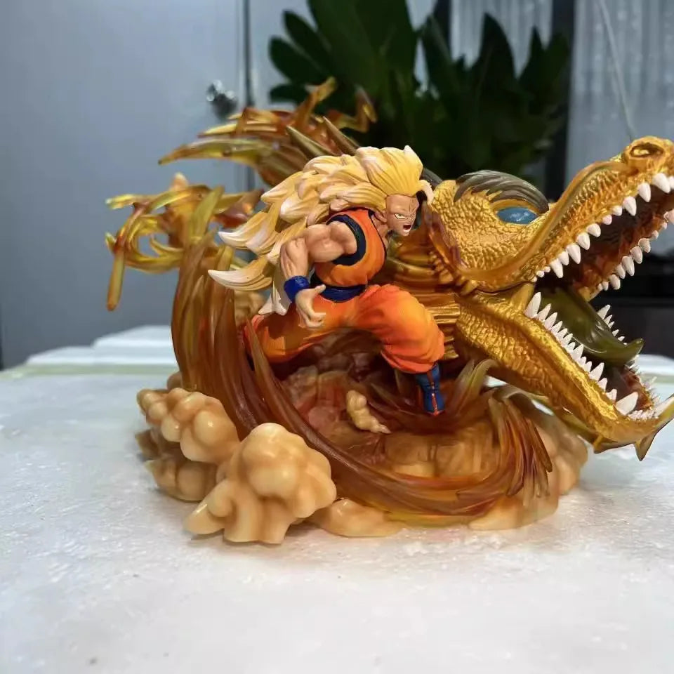 Estátua Dragon Ball - Son Goku Super Saiyan 3 Wrath of the Dragon Shenlong Dourado 28 CM